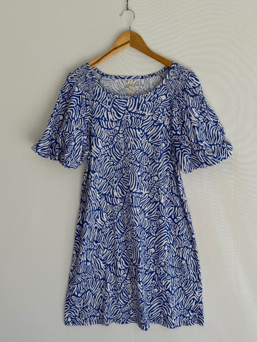 LILLY PULITZER Women’s Large Blue & White Print Bubble Short Sleeve Rosen Dress - Picture 1 of 7